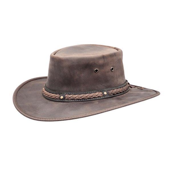 Barmah Squashy Bronco Hat Foldable Leather UV Water Resist Chocolate
