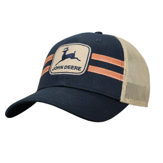 John Deere Vintage Logo Trucker Mesh Racing Stripe Cap - Navy/Tan