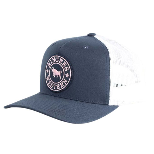 Ringers Western Signature Bull Trucker Navy & White with Navy & Pink Patch